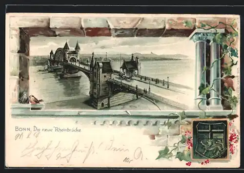 Passepartout-Lithographie Bonn, Die neue Rheinbrücke, Wappen