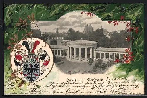 Passepartout-Lithographie Aachen-B., Elisenbrunnen und Wappen