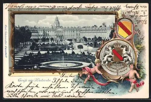 Passepartout-Lithographie Karlsruhe, Blick auf Schloss und Park, Wappen