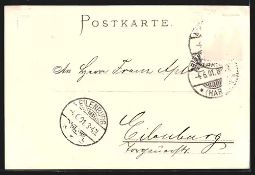 Passepartout-Lithographie Blankenburg /Harz, Teilansicht, Wappen