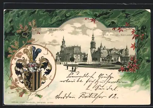 Passepartout-Lithographie Dresden, Kathol. Hofkirche und Königl. Schloss, Wappen