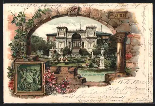 Lithographie Karlsruhe i. B., Festhalle, Gartenseite mit Wappen
