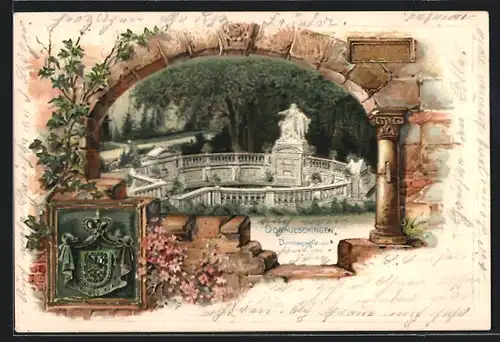 Passepartout-Lithographie Donaueschingen, Blick auf die Donauquelle, Denkmal, Wappen