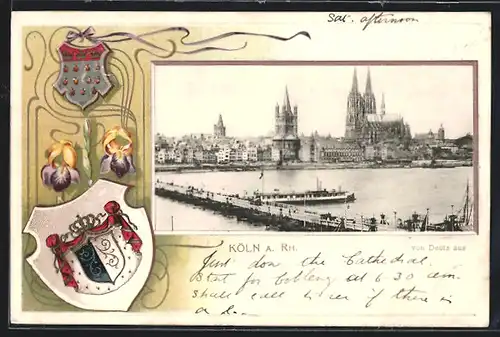 Passepartout-Lithographie Köln, Teilansicht von Deutz aus, Dampfer auf dem Rhein, Wappen