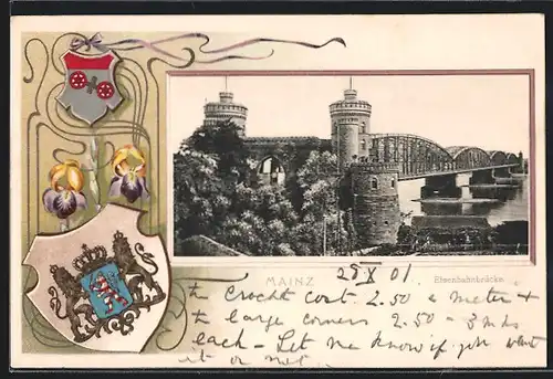 Passepartout-Lithographie Mainz, Blick auf die Eisenbahnbrücke, Wappen