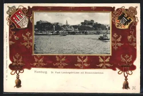 Passepartout-Lithographie Hamburg-St. Pauli, Landungsbrücken und Bismarckdenkmal, Wappen der Stadt Hamburg