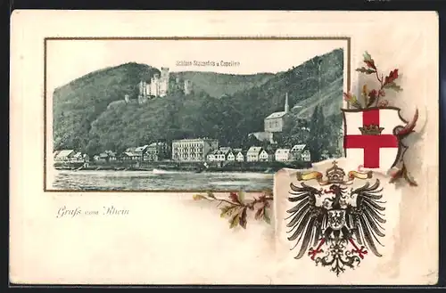 Passepartout-Lithographie Stolzenfels, Blick auf Schloss und Capellen, Wappen