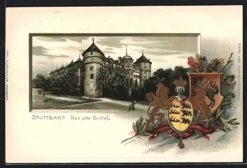 Passepartout-Lithographie Stuttgart, altes Schloss mit Wappen