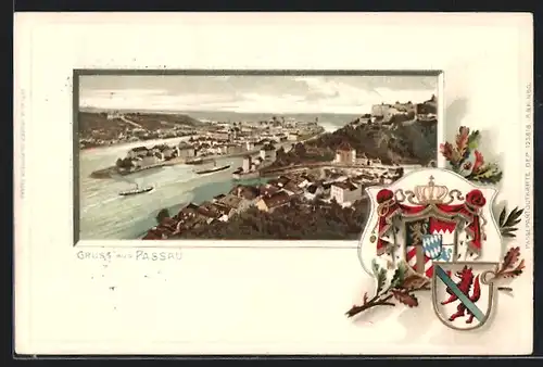 Passepartout-Lithographie Passau, Panoramablick auf die Stadt, Stadt-Wappen