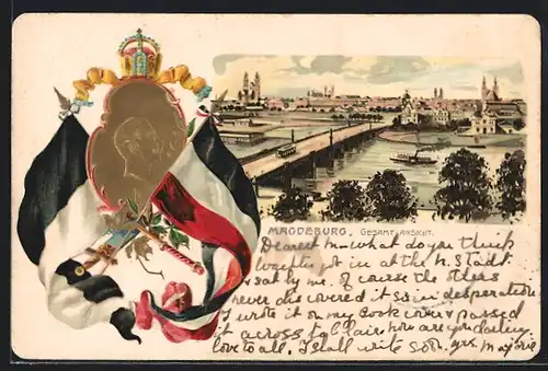 Lithographie Magdeburg, Gesamtansicht, Reichsflagge und Porträt Kaiser Wilhelm II.