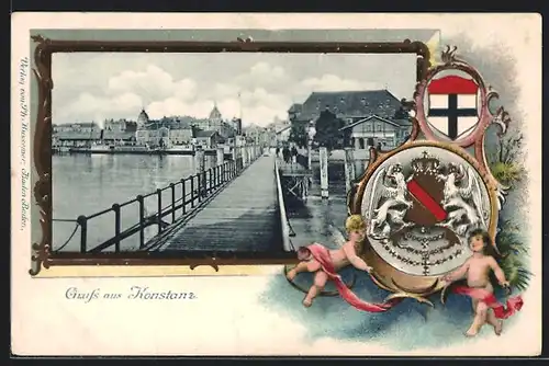 Passepartout-Lithographie Konstanz, Ortsansicht mit Brücke, Wappen