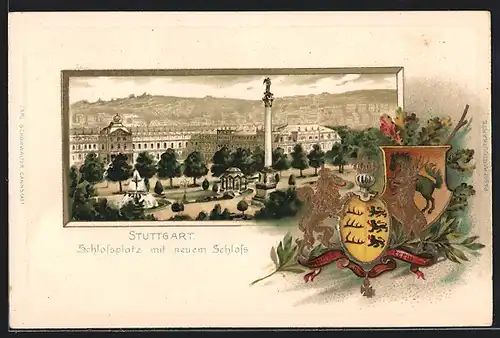 Passepartout-Lithographie Stuttgart, Schlossplatz mit neuem Schloss und Wappen