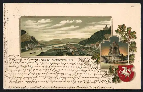 Passepartout-Lithographie Porta Westfalica, Ortsansicht mit Wappen