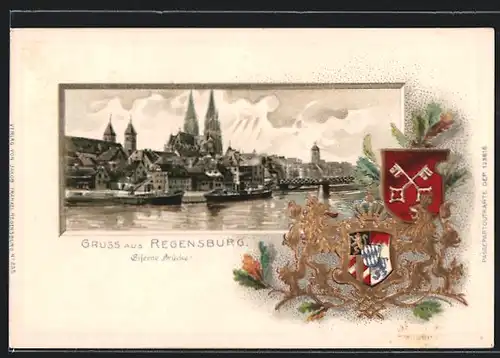 Passepartout-Lithographie Regensburg, Eiserne Brücke, Wappen