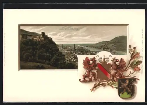 Passepartout-Lithographie Heidelberg, Burg auf Berg, Wappen