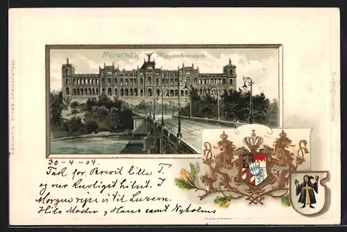 Passepartout-Lithographie München, Blick zum Maximilianeum, Wappen und Münchner Kindl