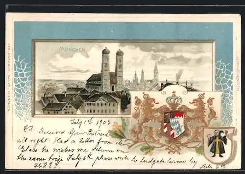 Passepartout-Lithographie München, Frauenkirche im Stadtbild, Wappen