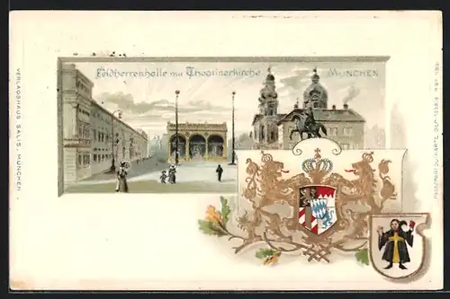 Passepartout-Lithographie München, Feldherrenhalle mit Theatinerkirche, Wappen mit Löwen