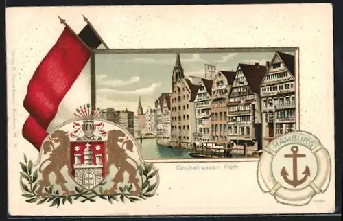 Passepartout-Lithographie Alt-Hamburg, Deichstrassen Fleth, Wappen, Fahnen, Rettungsring, Anker
