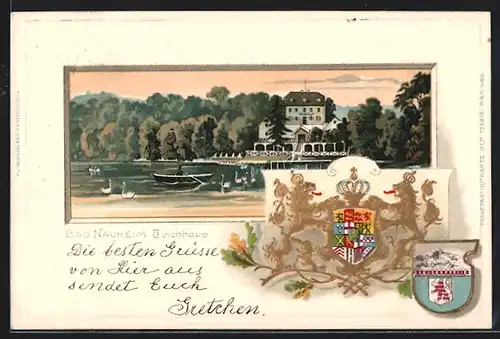 Passepartout-Lithographie Bad Nauheim, Gasthof Teichhaus, Wappen