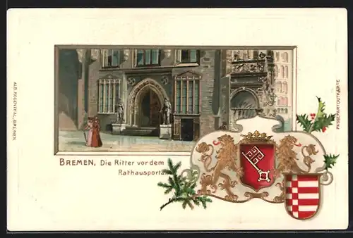 Passepartout-Lithographie Bremen, Die Ritter vor dem Rathausportal, Wappen