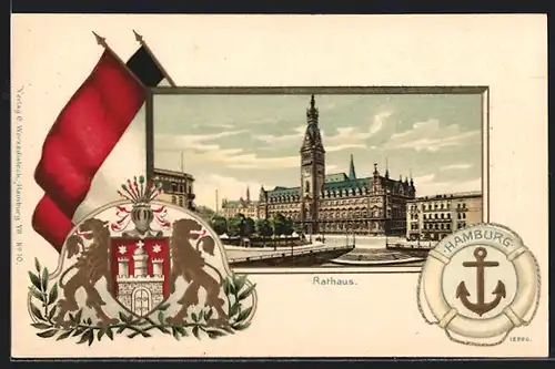 Passepartout-Lithographie Hamburg, Blick auf das Rathaus, Wappen