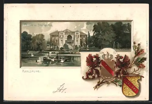 Passepartout-Lithographie Karlsruhe, Partie im Stadtgarten mit Wappen und Eichenlaub