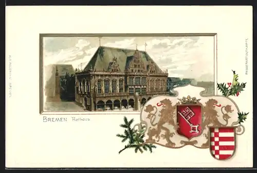 Passepartout-Lithographie Bremen, Rathaus und Wappen