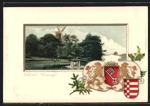 Passepartout-Lithographie Bremen, Wallanlagen mit Windmühle, Wappen