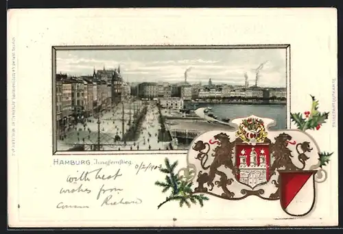 Passepartout-Lithographie Hamburg-Neustadt, Am Jungfernstieg, Wappen