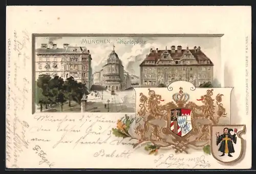 Passepartout-Lithographie München, Karlsplatz, geprägtes Wappen, Münchener Kindl