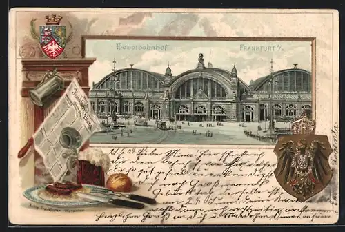 Passepartout-Lithographie Frankfurt / Main, Hauptbahnhof und Wappen