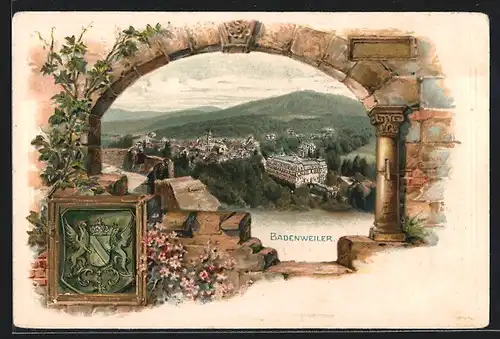 Passepartout-Lithographie Badenweiler, Panoramablick auf die Ortschaft, Wappen