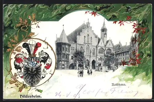Passepartout-Lithographie Hildesheim, Blick auf das Rathaus, Wappen