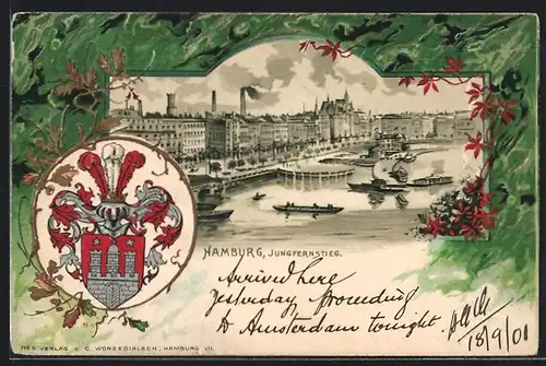 Passepartout-Lithographie Hamburg-Neustadt, Jungfernstieg mit Booten, Wappen