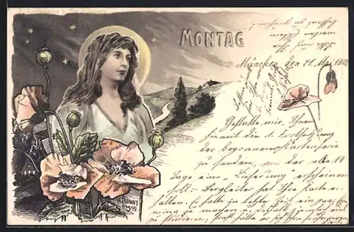 Künstler-AK sign. H. Fründt: Montag, Schöne Frau und Klatschmohn, Jugendstil