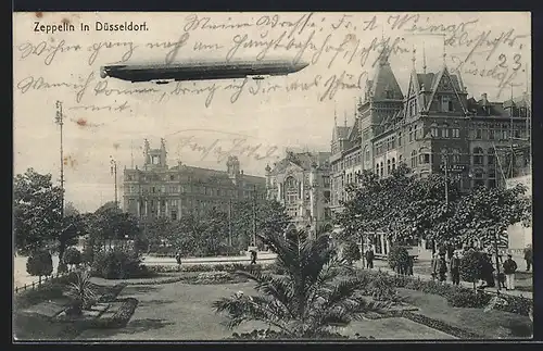 AK Düsseldorf, Zeppelin über der Stadt