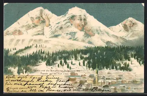 Künstler-AK Davos und die Schiahörner, Aufgepasst Alter! Prends garde, mon vieux!, Berggesichter