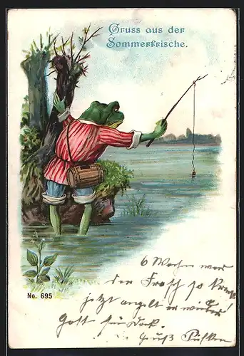 Lithographie Frosch versucht sich als Angler, vermenschlichte Tiere