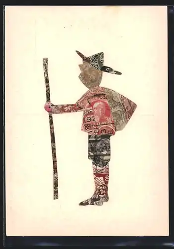 AK Wandersmann mit Hut, Stecken und Rucksack, Briefmarkencollage