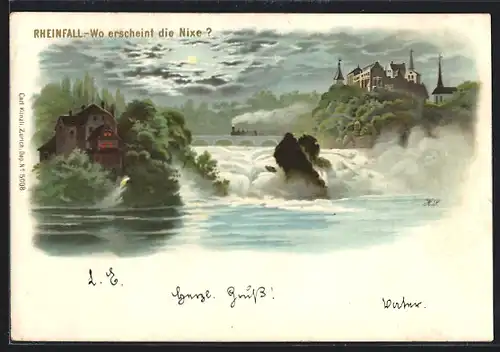 Lithographie Rheinfall, Wo erscheint die Nixe?, optische Täuschung, Wasserfall