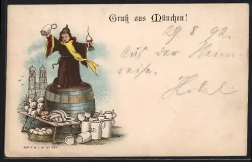Vorläufer-Lithographie München, 1892, Münchner Kindl auf Bierfass, im Hintergrund die Frauenkirche