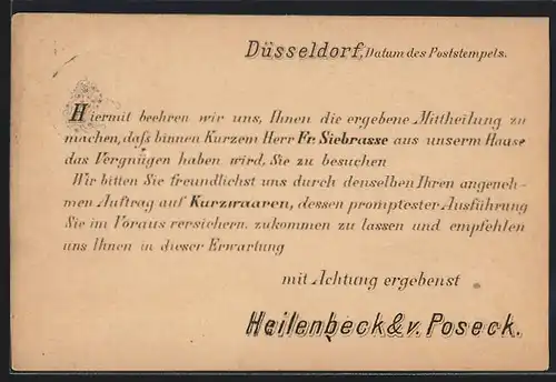 Vorläufer-AK Düsseldorf, 1882, Firma Heilenbeck & v. Poseck, Korrespondenzkarte