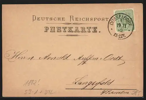 Vorläufer-AK Düsseldorf, 1882, Firma Heilenbeck & v. Poseck, Korrespondenzkarte