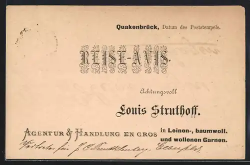 Vorläufer-AK Quakenbrück, 1882, Louis Struthoff, Handlung in Leinen-, baumwoll. und wollenen Garnen, Reise-Avis
