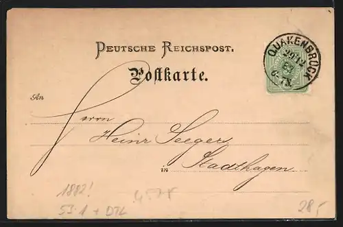 Vorläufer-AK Quakenbrück, 1882, Louis Struthoff, Handlung in Leinen-, baumwoll. und wollenen Garnen, Reise-Avis