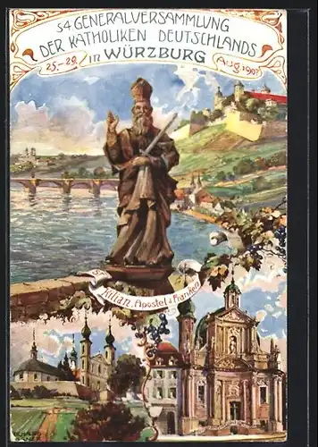 Künstler-AK Ganzsache Bayern PP15C139: Würzburg, 54. Generalversammlung der Katholiken Deutschlands 1907, Festpostkarte