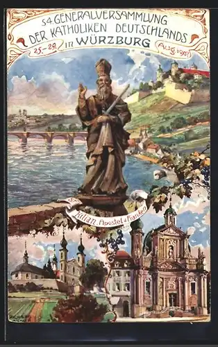 Künstler-AK Ganzsache Bayern PP15C139: Würzburg, 54. Generalversammlung der Katholiken Deutschlands 1907, St. Kilian