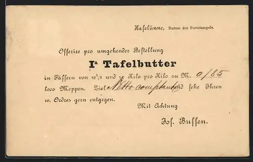 Vorläufer-AK Haselünne, 1881, Reklame der Firma Jos. Buffen für Tafelbutter
