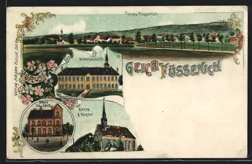 Lithographie Füssenich, Totalansicht, Nikolausstift, Schule zu Geich, Kirche & Kloster